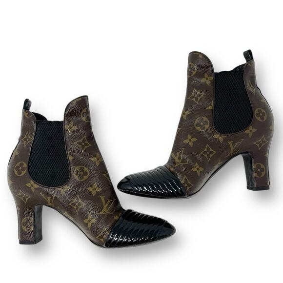 Louis Vuitton Monogram Revival Heel Ankle Boots Canvas Leather Brown Black EU 37 - Picture 3 of 14